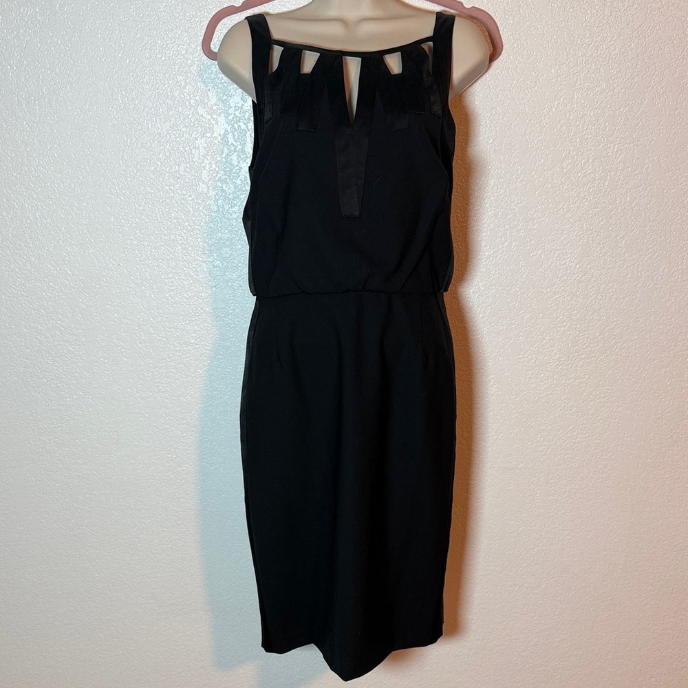 Adam Lippes Black Wool Little Black Dress Cut Out Design Satin Accents Size 6